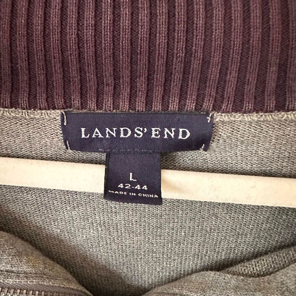 Lands' End Mens L Supima Cotton Quarter Zip Sweater Gray Plum Contrast Collar - Picture 3 of 7